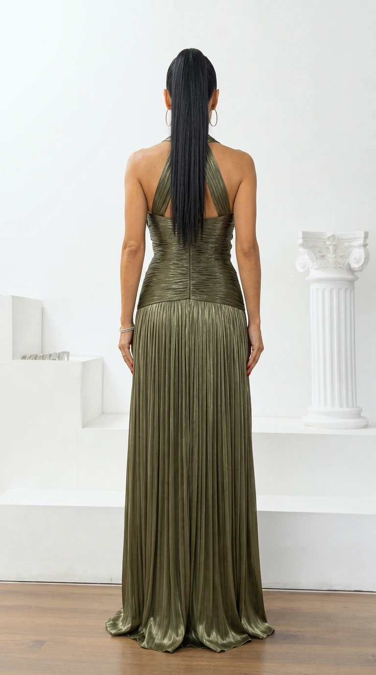 Back view of olive green halter neck floor-length pleated dress