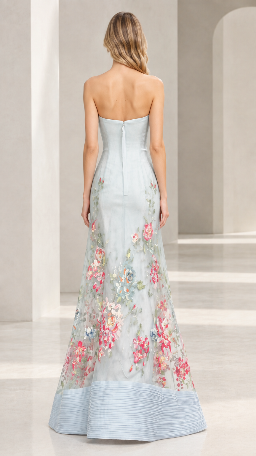 Back view of light blue strapless gown showing back zipper closure and floral skirt