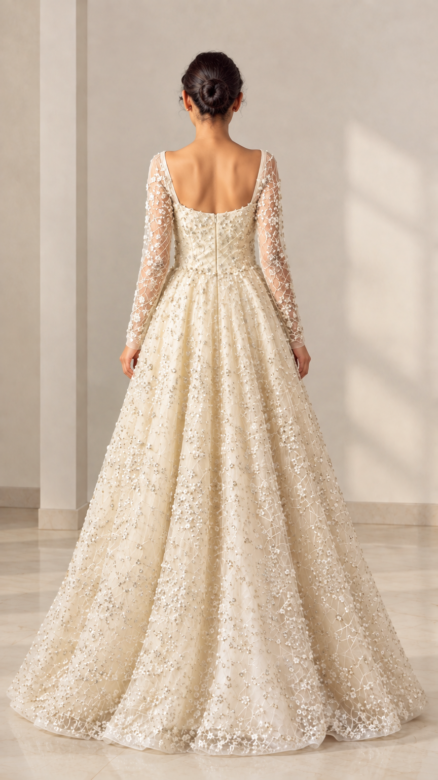 Champagne floor length ballgown back view showing scooped neckline