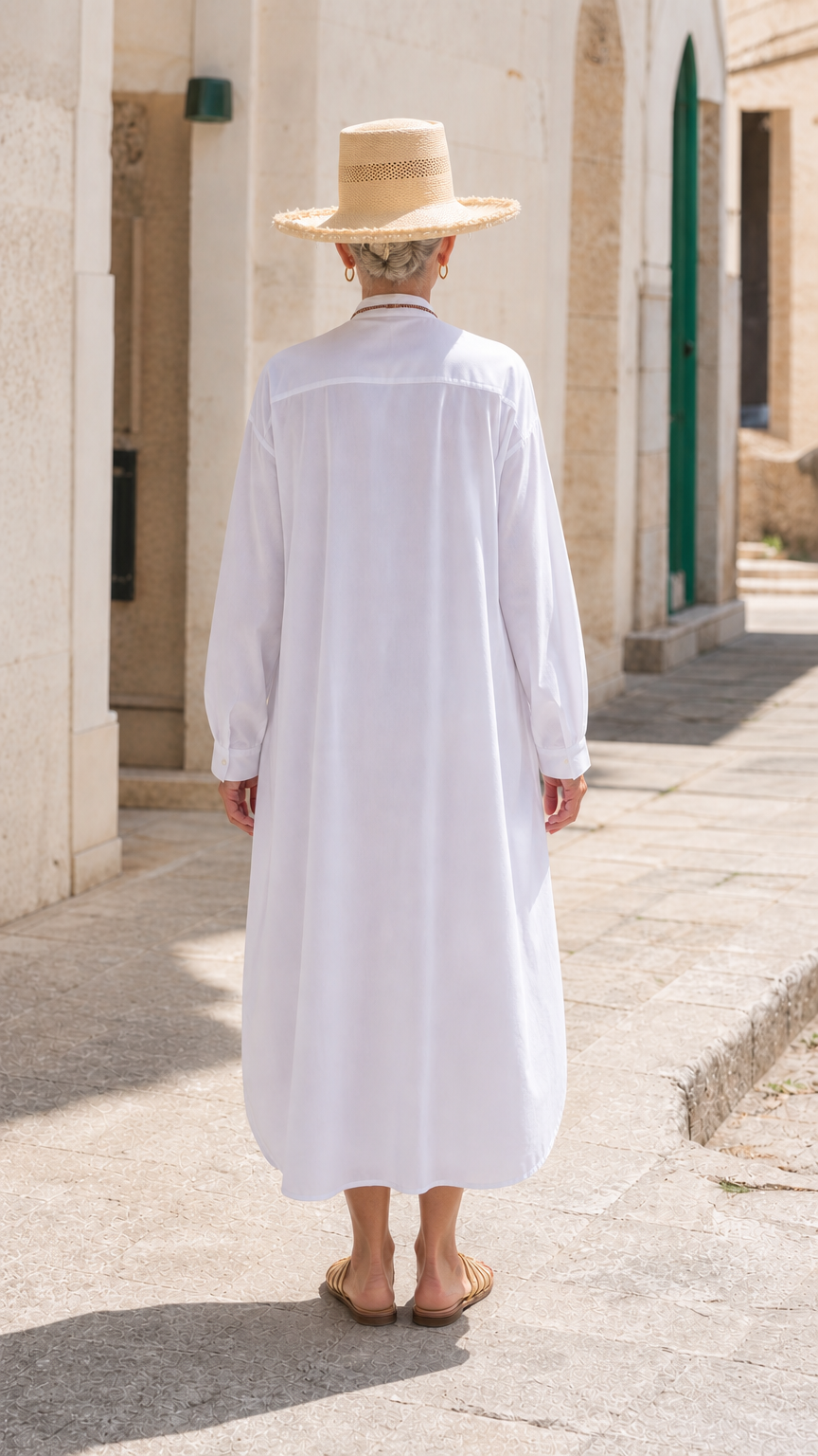Back view of white long sleeve midi shirt dress featuring gathered back yoke