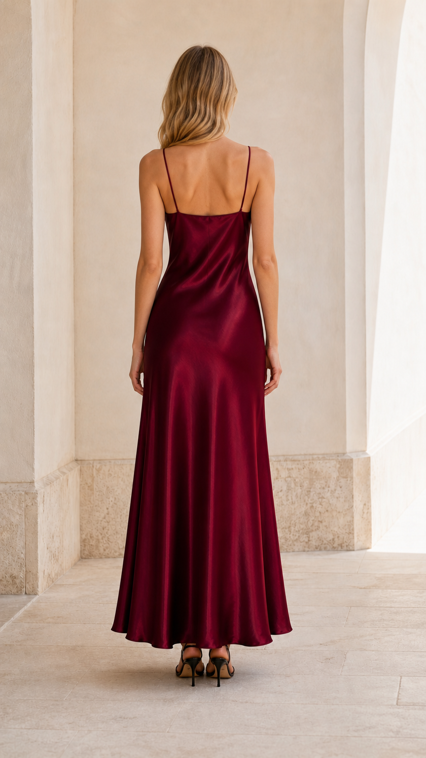 Back view of model in burgundy low back satin evening dress