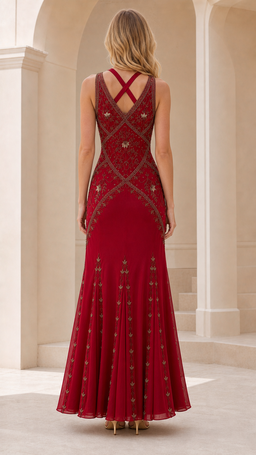 Back view showing crisscross strap detail on burgundy beaded formal gown