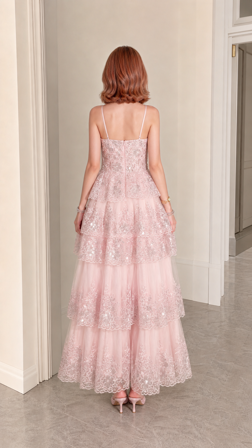Blush Pink Sequined Tiered Tulle Maxi Evening Gown Back View