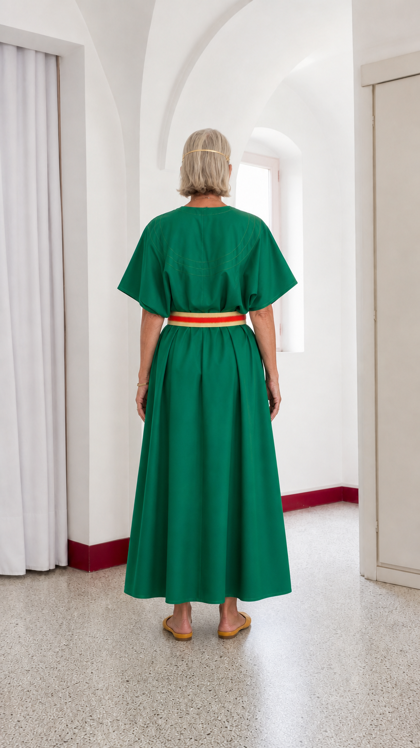 Back view of woman wearing emerald green belted maxi dress
