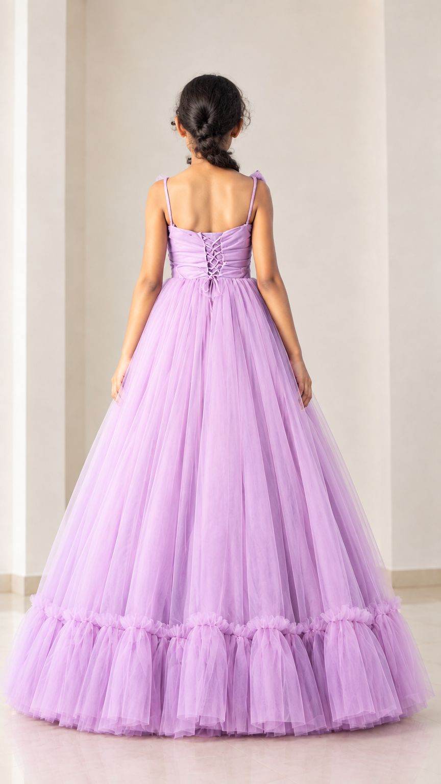 Back view of lilac tulle maxi gown showcasing the adjustable corset lace-up closure