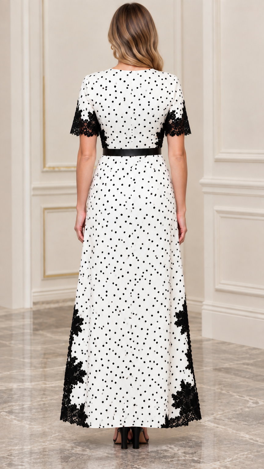 Back view of white polka dot short sleeve maxi dress