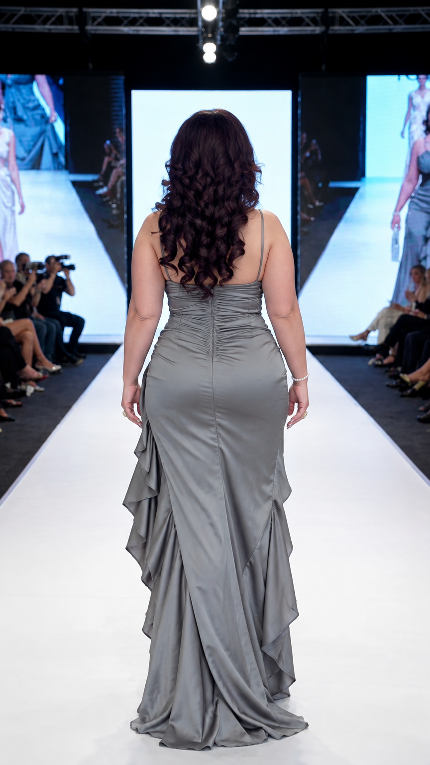 Back runway view of gray satin evening dress with concealed back zipper