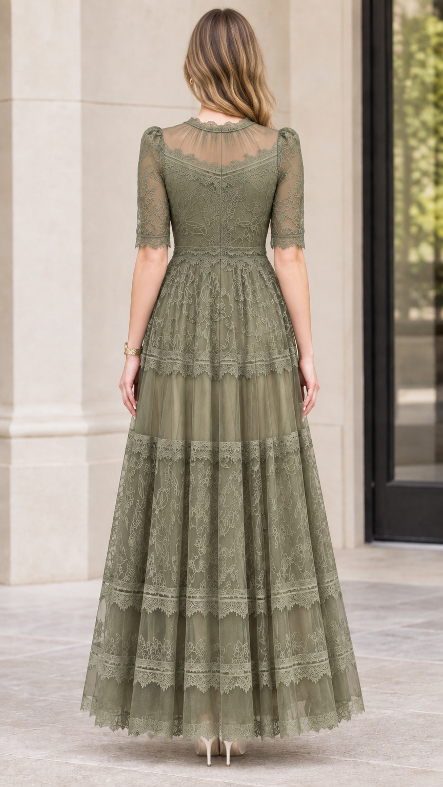 Back view of sage green illusion neck tiered lace maxi dress