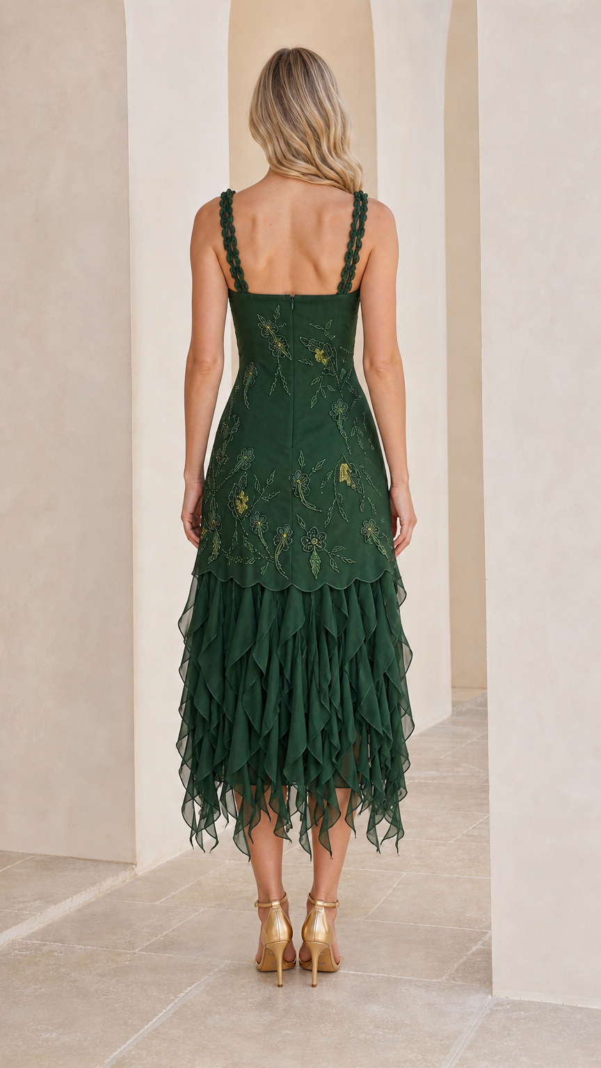 Back view of emerald green sweetheart midi evening dress