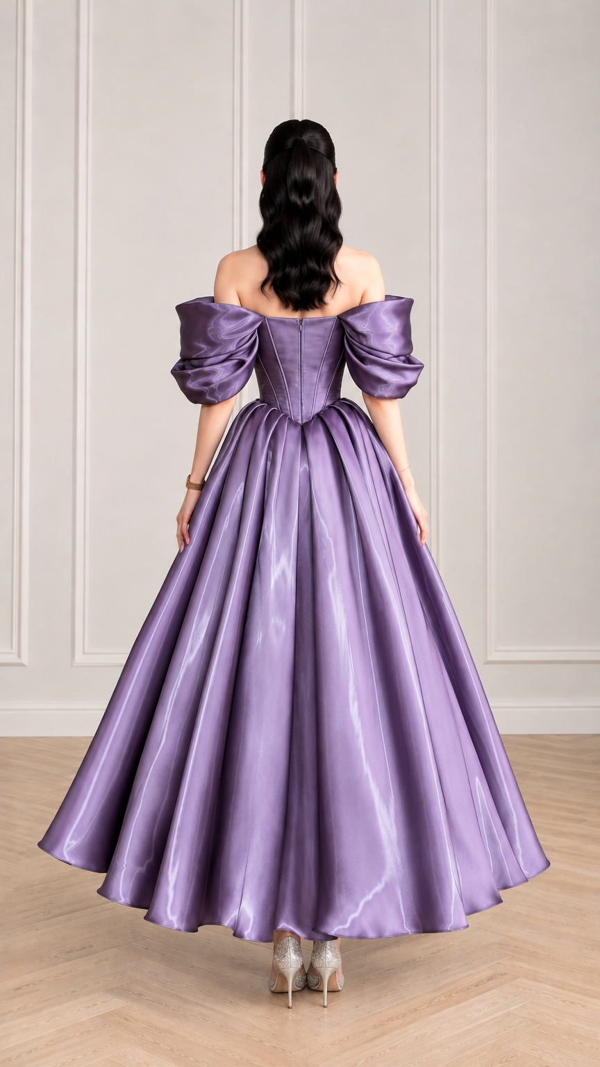 Back view of woman showing the gathered back skirt and corset bodice of purple satin evening gown