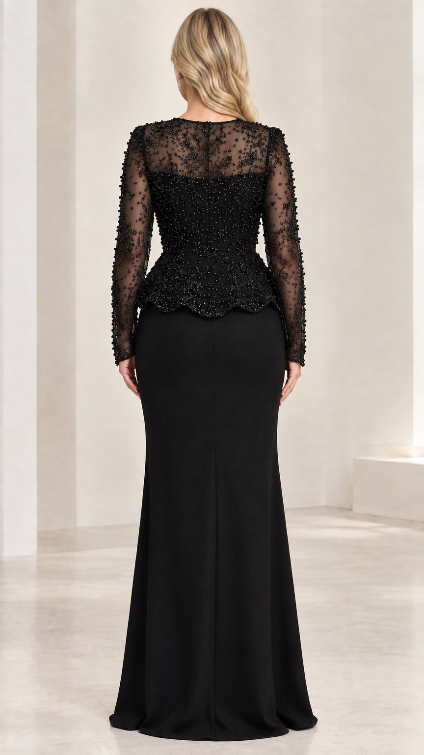Back view of black sequin peplum formal evening maxi dress