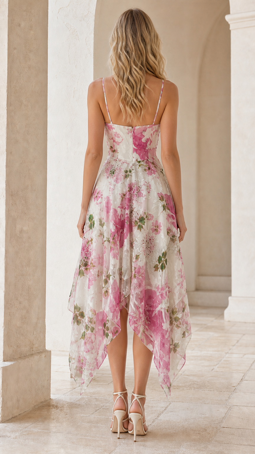 Back view of model in white floral midi dress showing low back and draped handkerchief hem