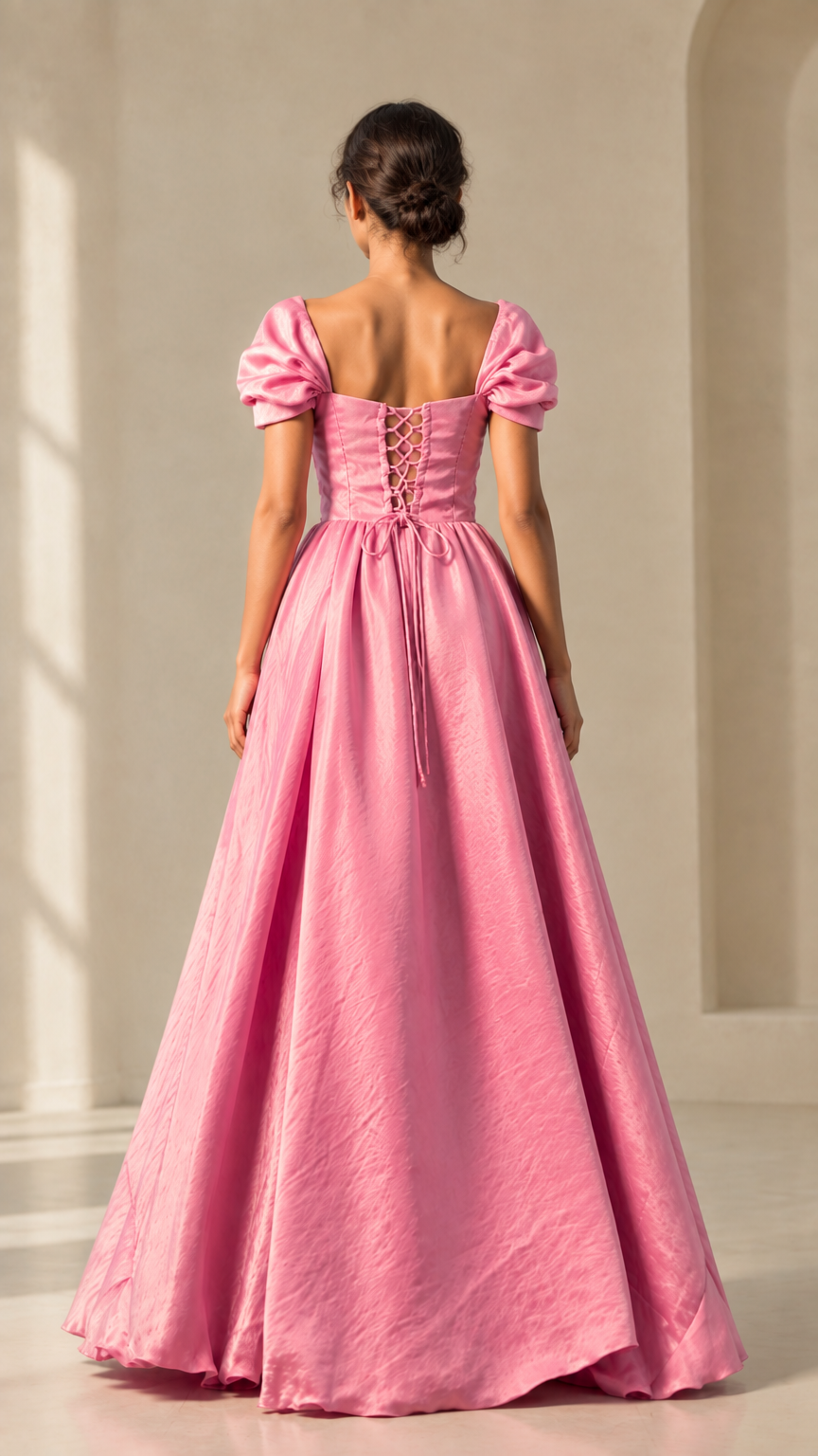 Back view of pink evening gown highlighting lace-up corset detail and gathered skirt