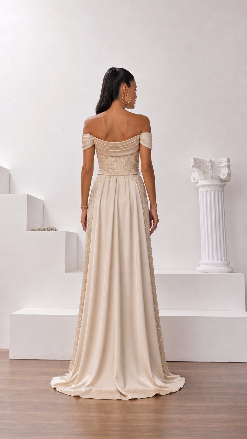 Champagne formal evening gown back view showing sweeping satin skirt train