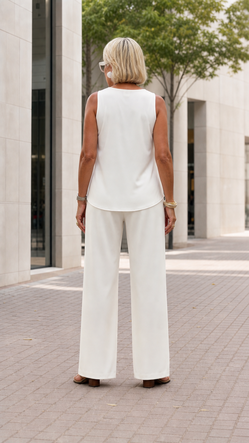 Back view of women's white sleeveless draped tank top