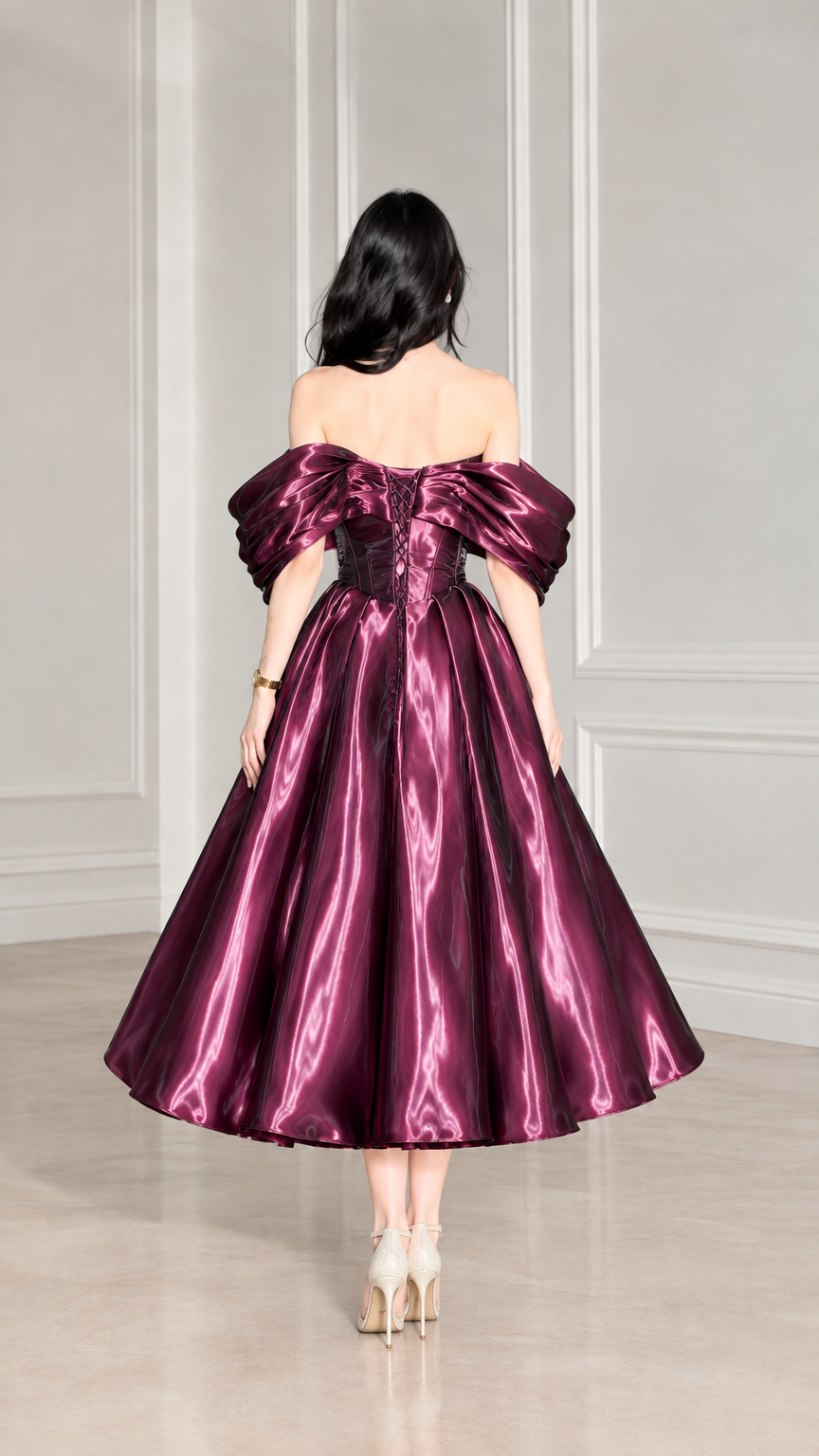 Back view of wine red off-shoulder satin midi dress with corset bodice