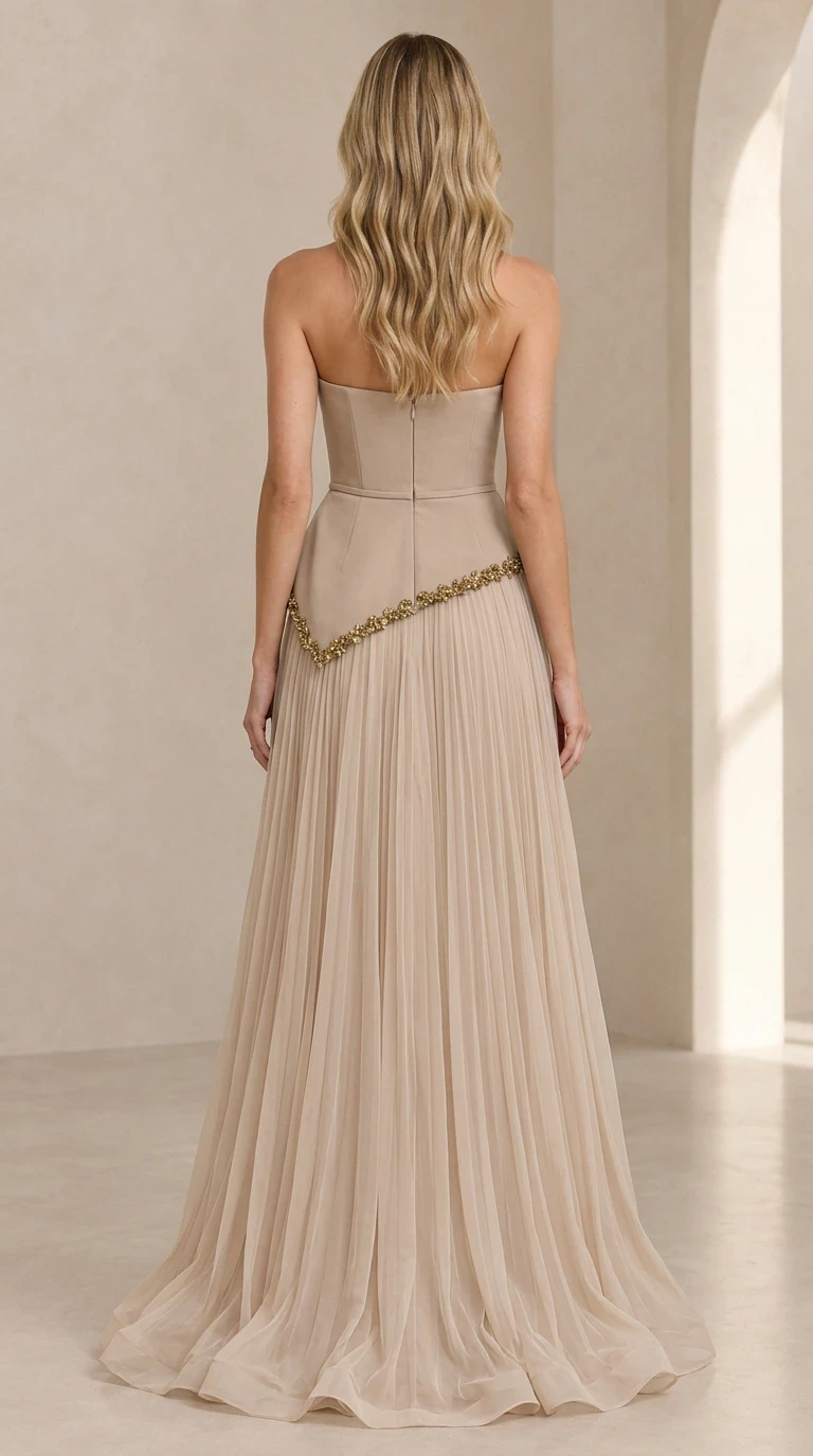 Sleeveless Crystal Embellished Halter Maxi Evening Gown with Pleated Skirt