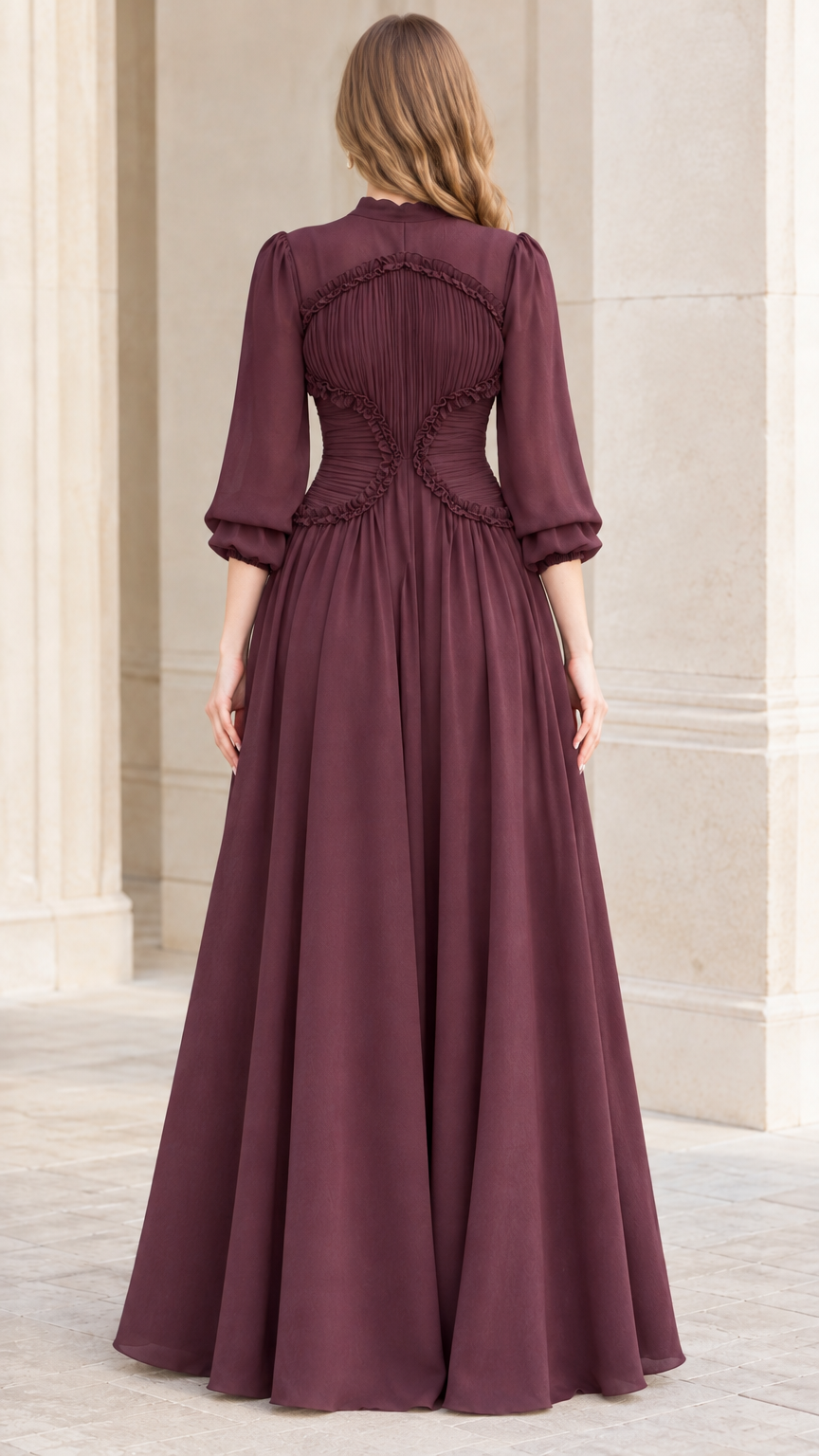Back view of burgundy pleated bodice long sleeve maxi dress
