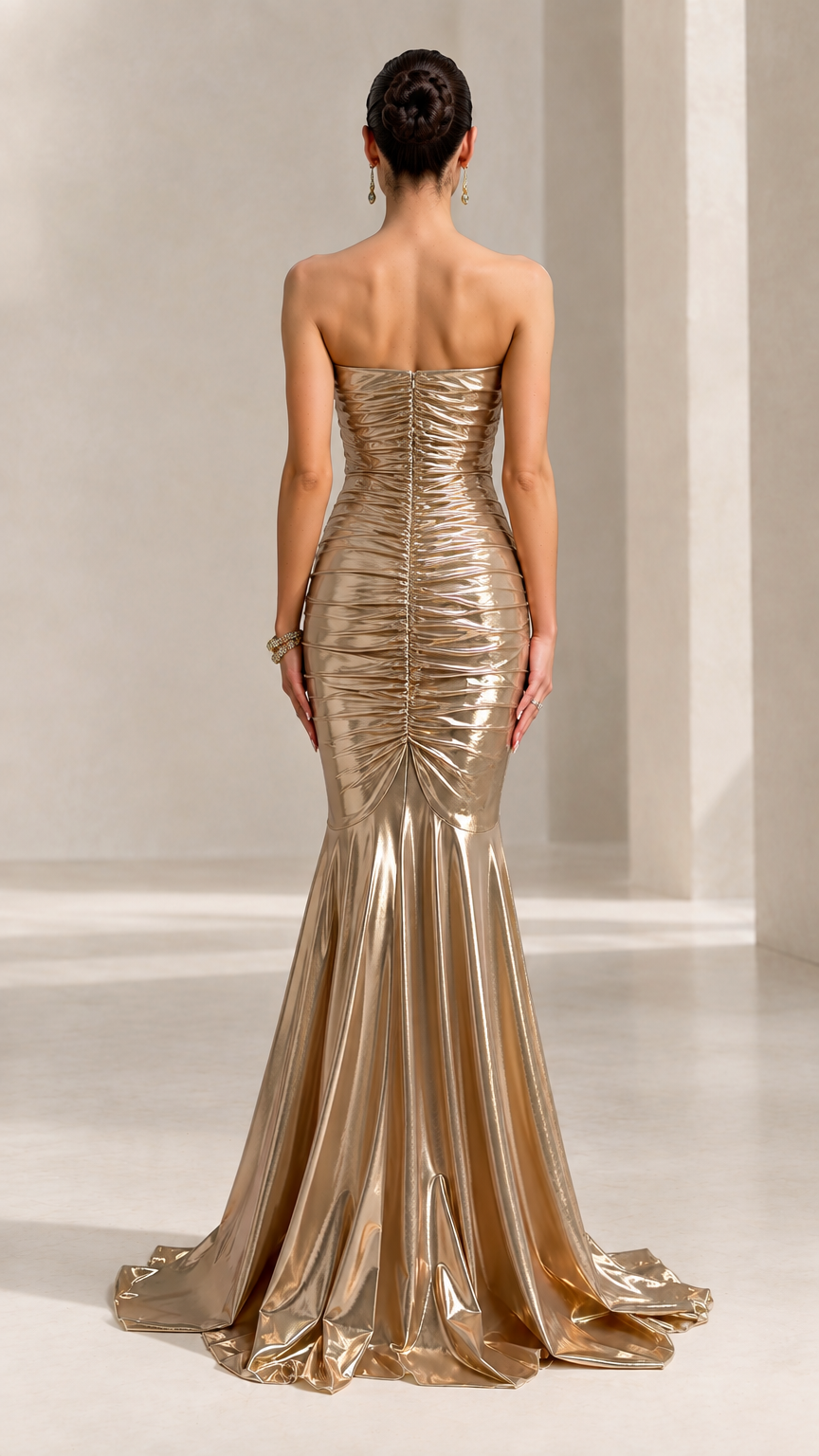 Back view of woman showcasing the strapless gold metallic evening gown and flared hemline