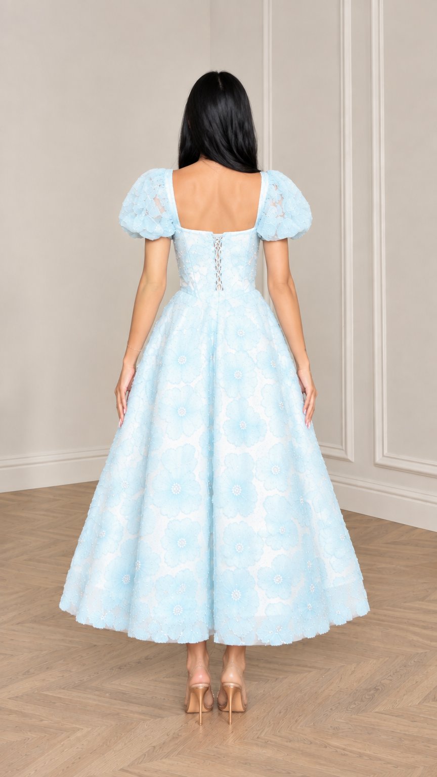 Back view of Light Blue floral puff sleeve dress showcasing lace-up corset detail