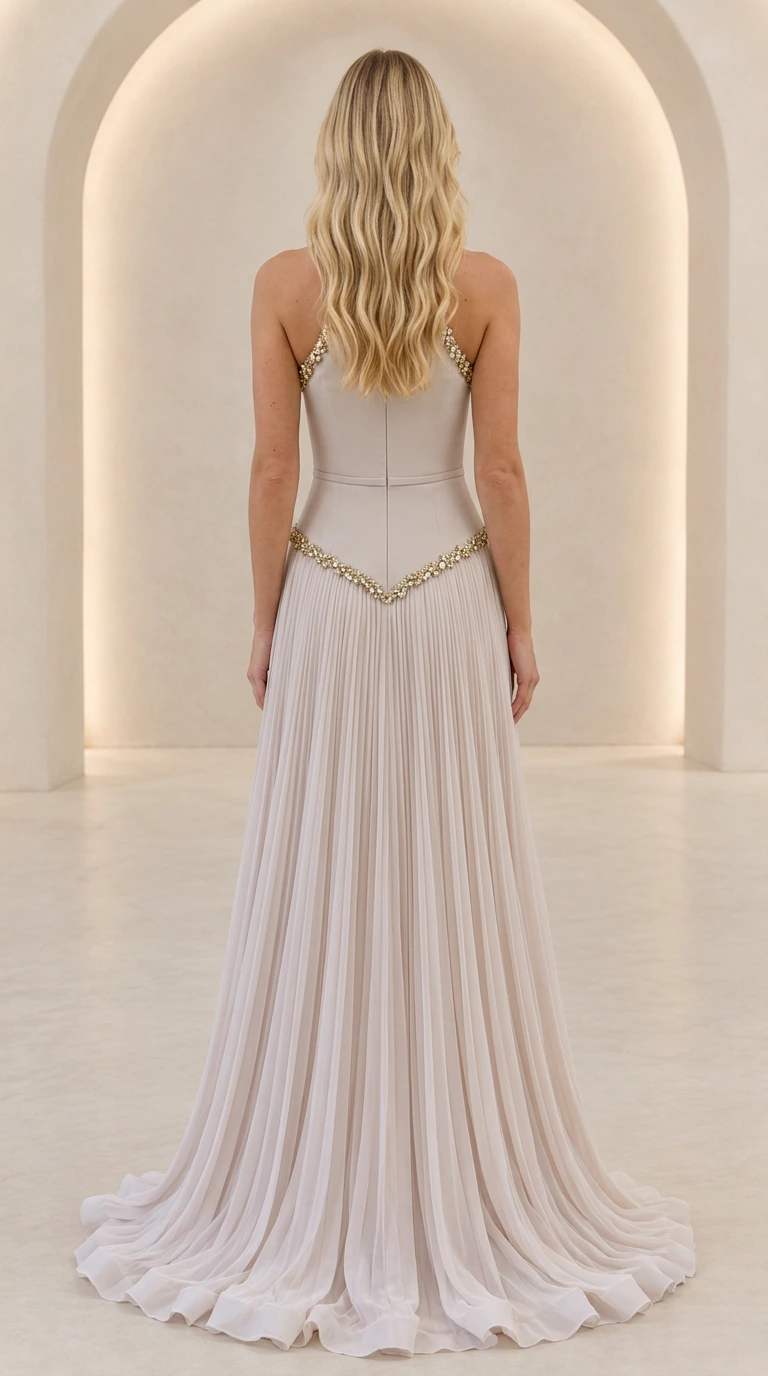 Back view of light grey halter gown highlighting the drop waist and sweeping skirt