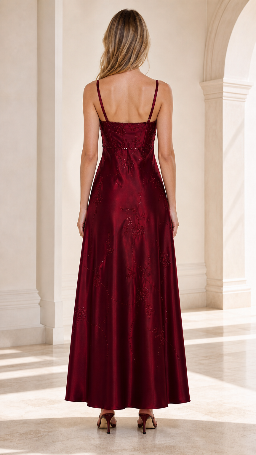 Back view of woman wearing Burgundy satin evening dress with spaghetti straps