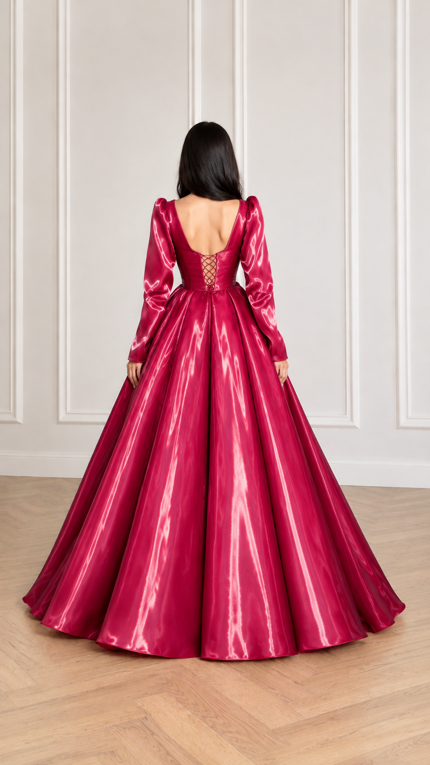 Rear view of magenta evening gown highlighting the lace-up corset back and voluminous skirt