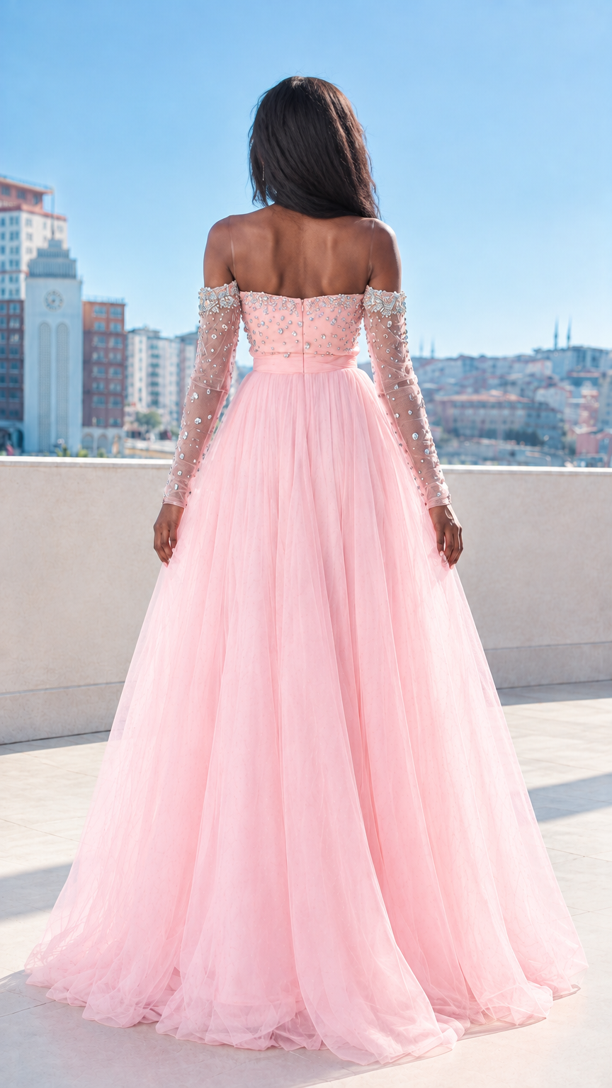 Back view of woman wearing blush pink off-the-shoulder tulle gown with sheer embellished sleeves