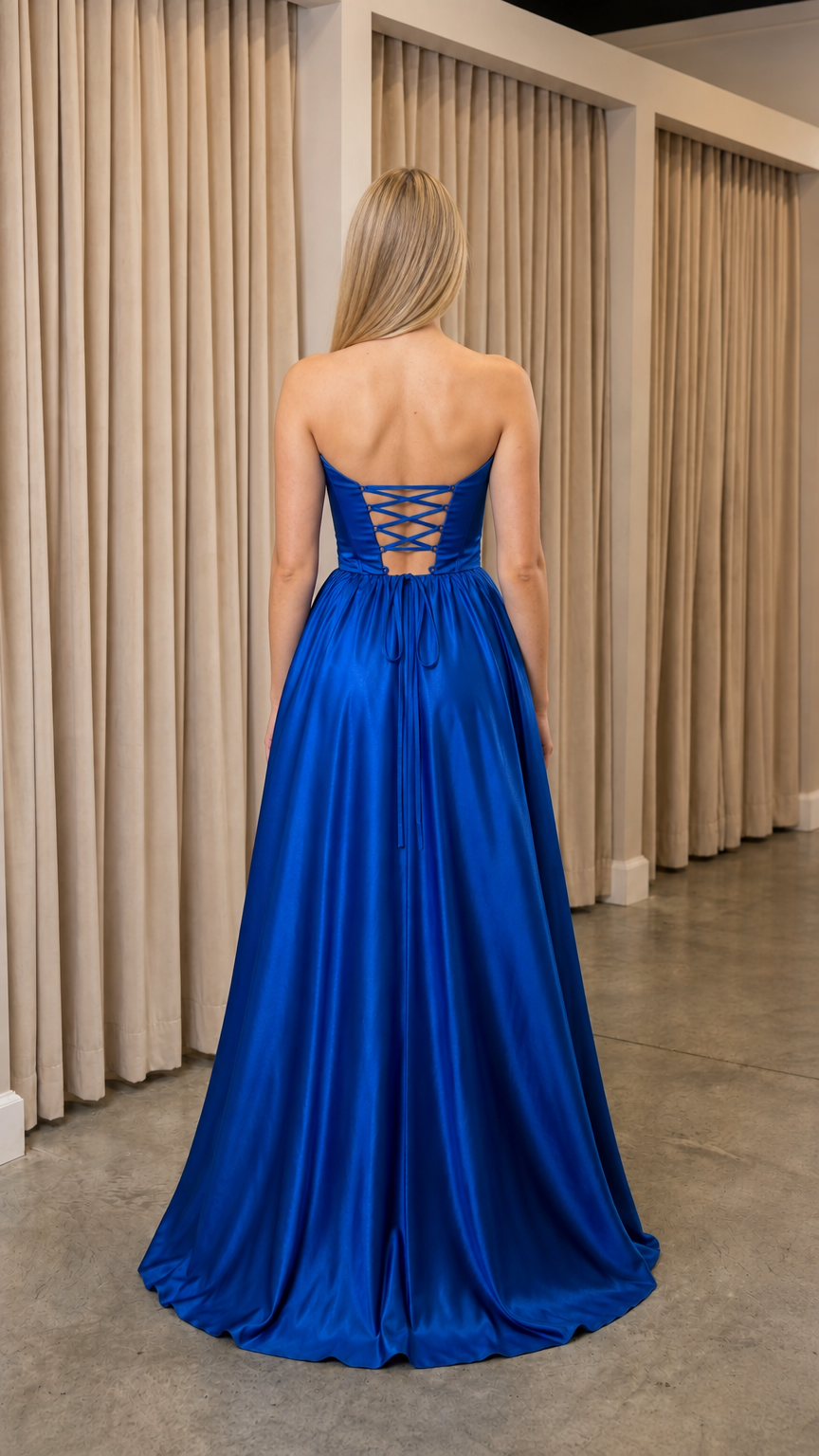 Model wearing royal blue satin gown back view showcasing lace-up corset detail