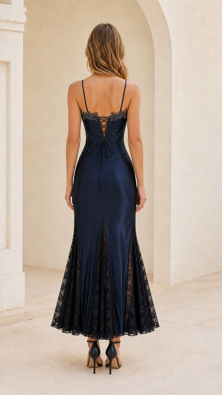 Navy blue satin maxi dress back view featuring lace-up corset detail