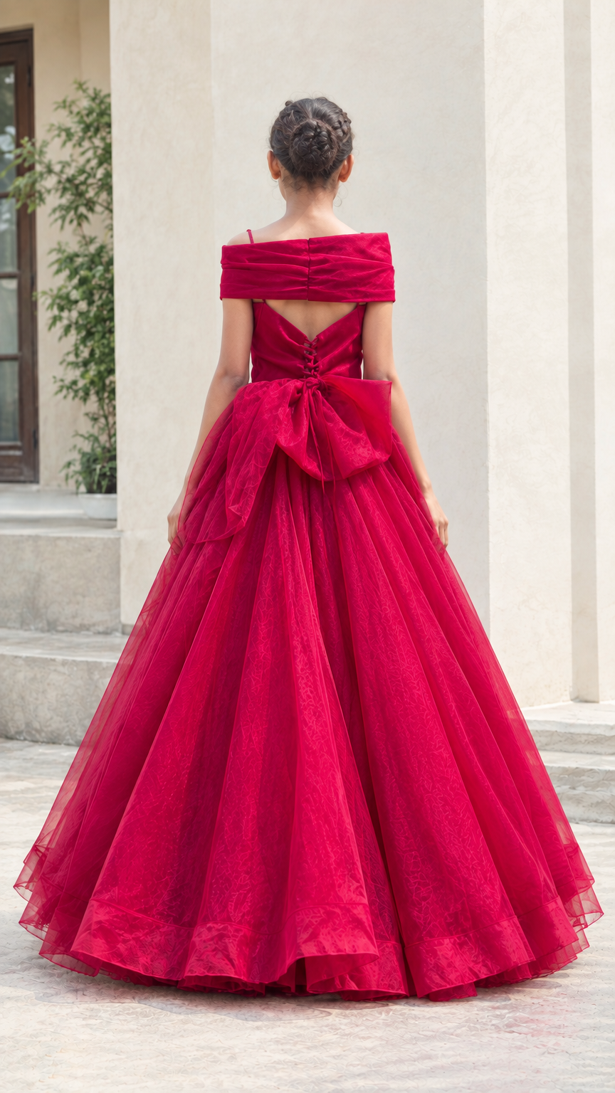 Back view of red ball gown showing lace-up corset and oversized rear bow detail