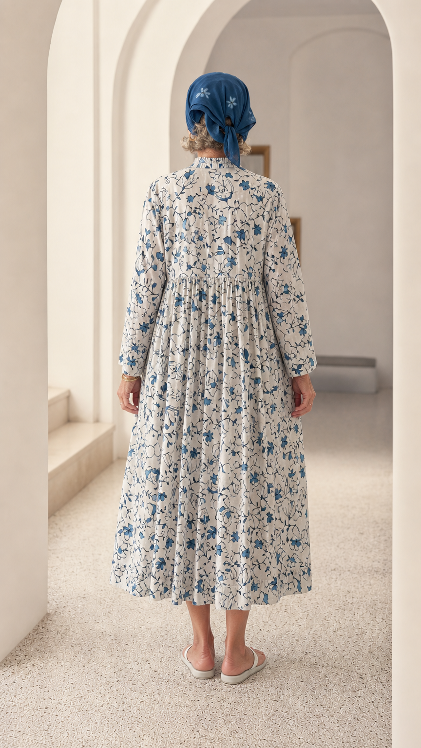Back full-length view of Blue & White floral midi dress showing gathered smock back