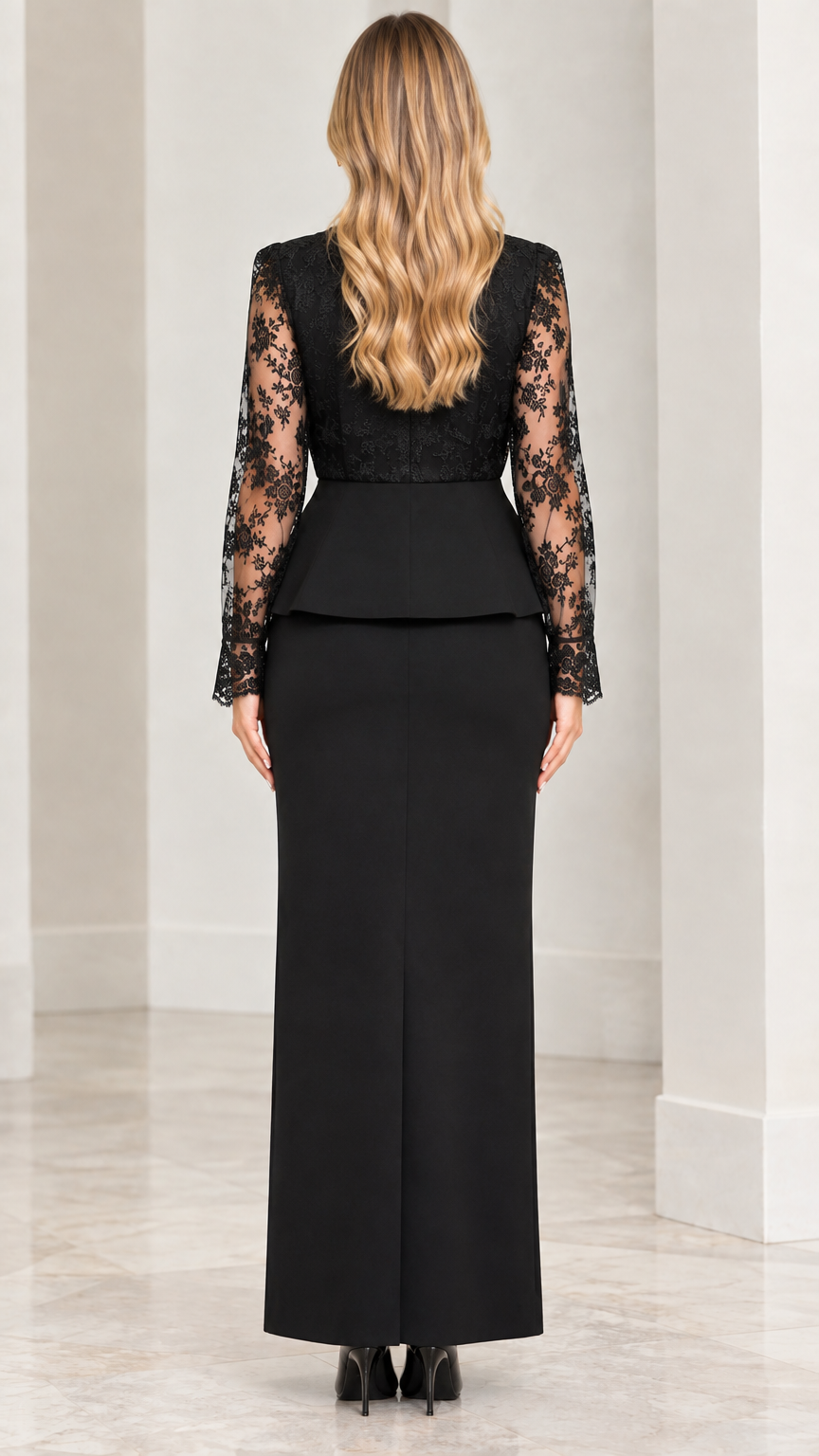 Back view of model in elegant black long sleeve lace formal two-piece set
