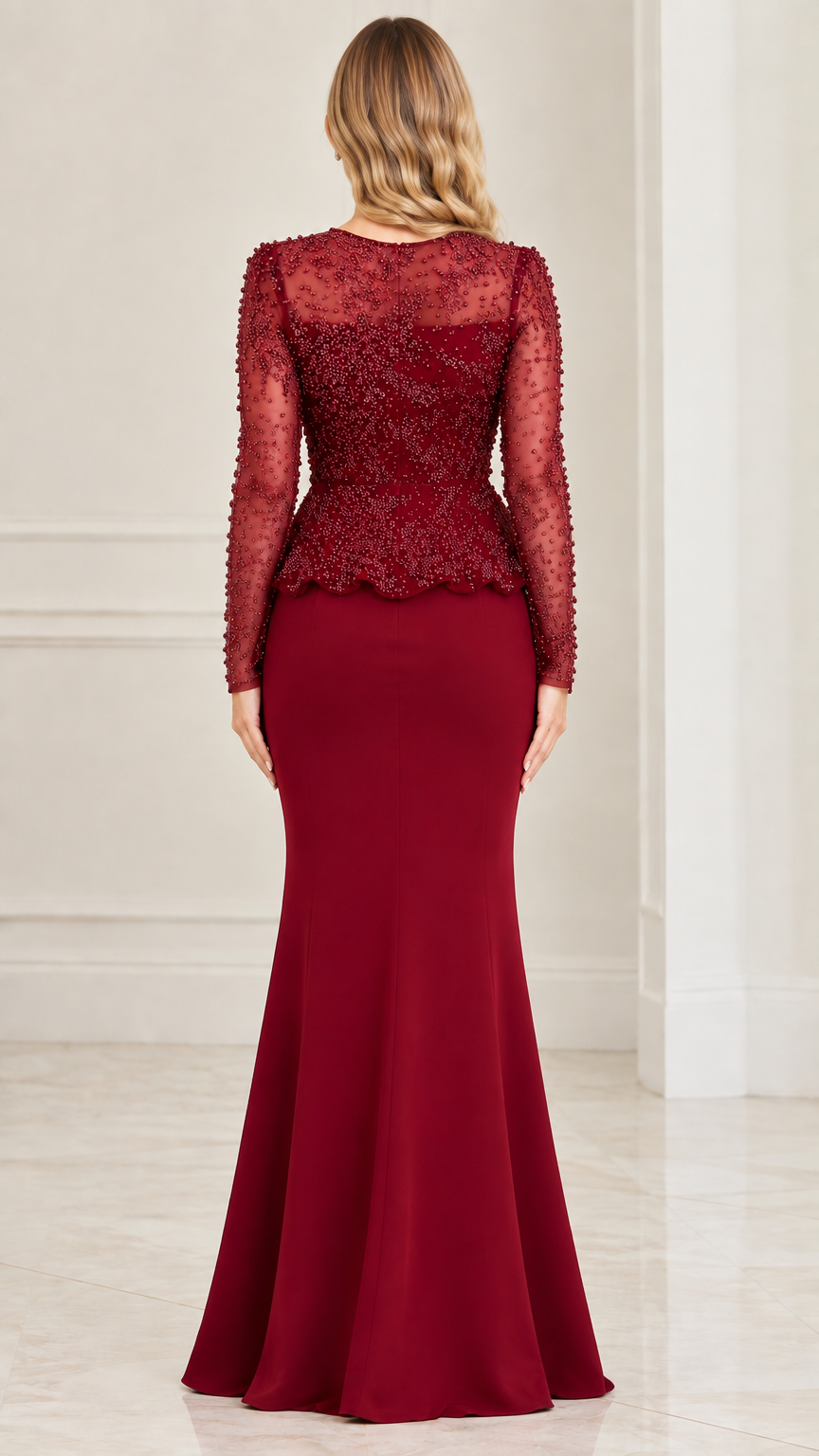 Back full-length view of burgundy long sleeve peplum evening dress