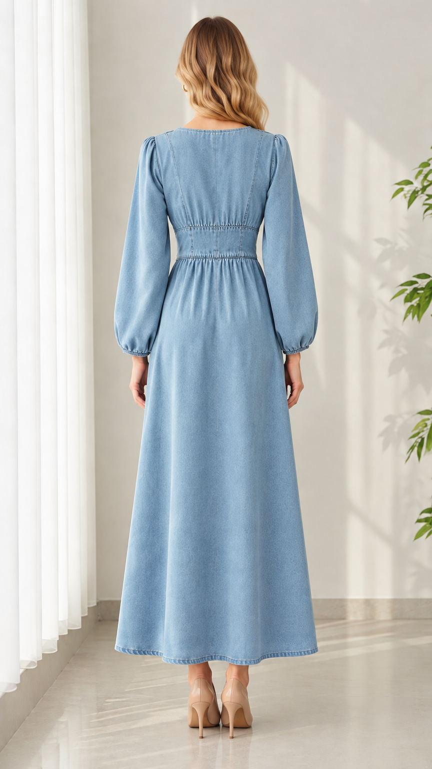 Back full-length view of model wearing Light Blue long sleeve maxi dress with gathered waist