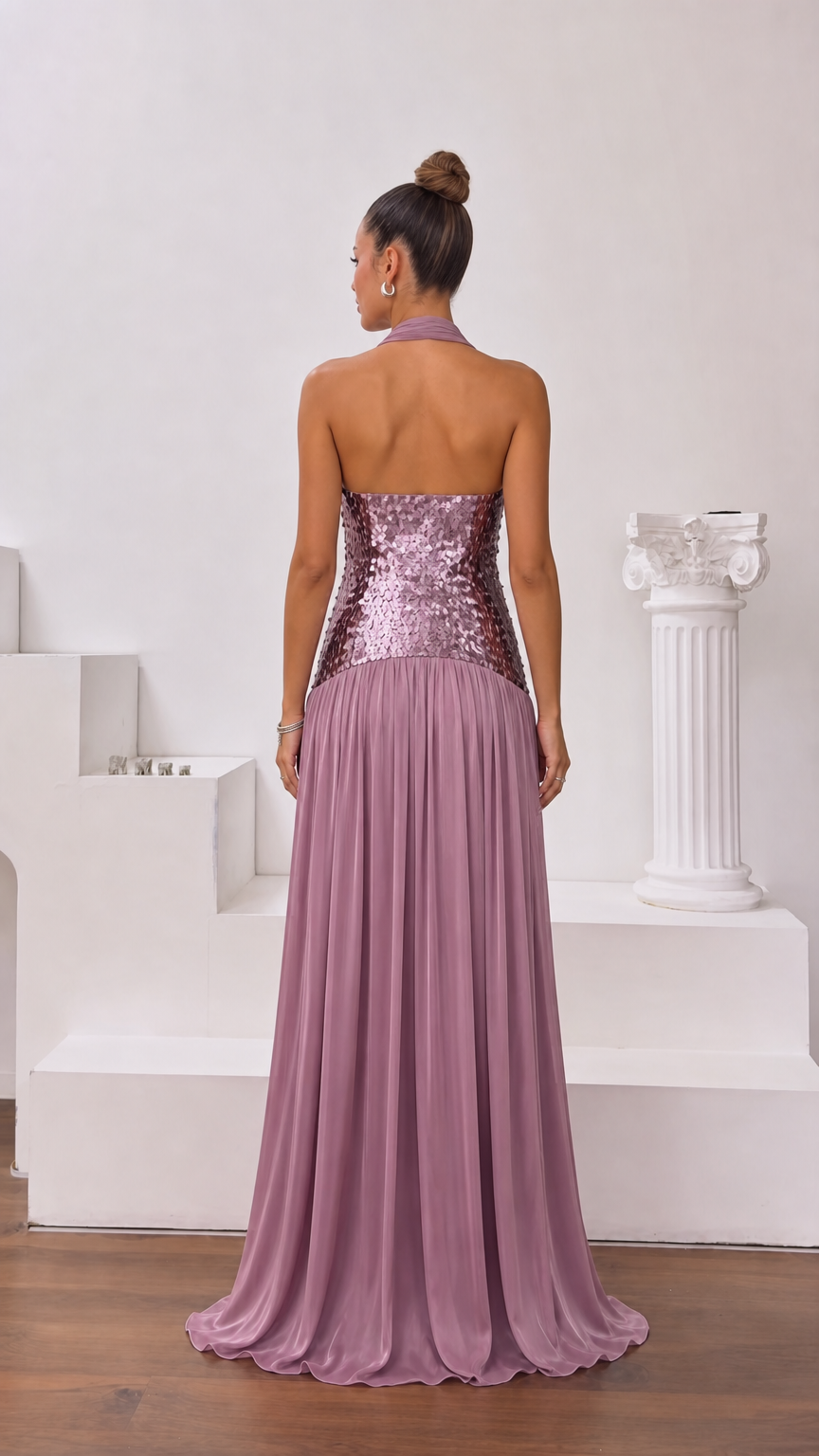 Mauve backless halter evening gown back view