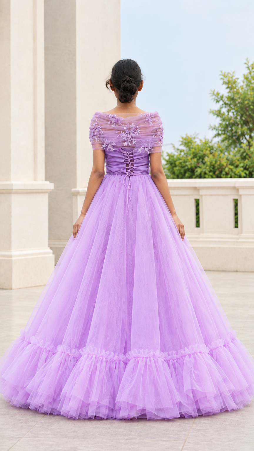 Back view of a lavender ball gown featuring an adjustable lace-up corset closure