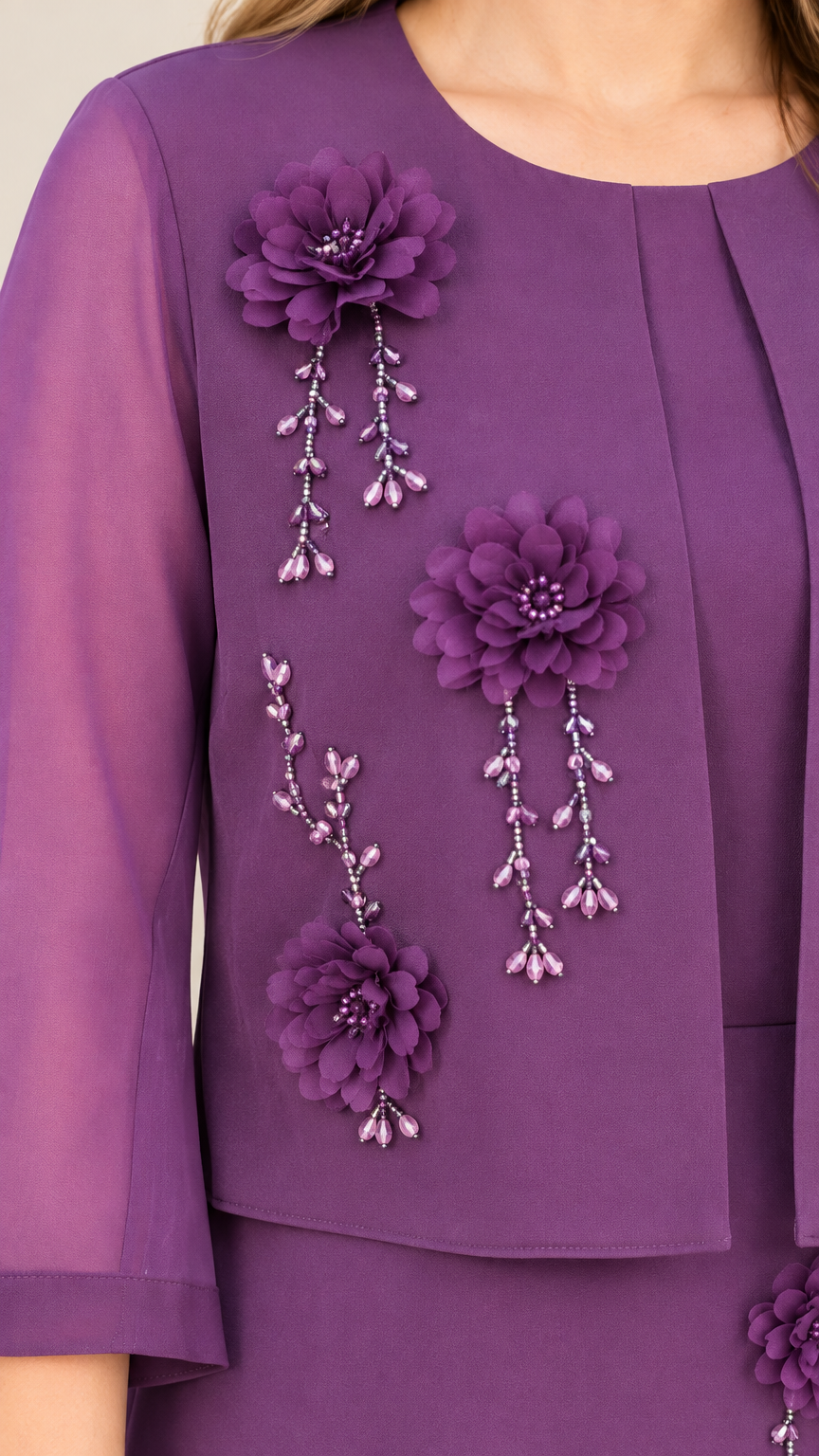 Close-up detail of 3D purple floral appliqués and beaded tassel drops on dress bodice
