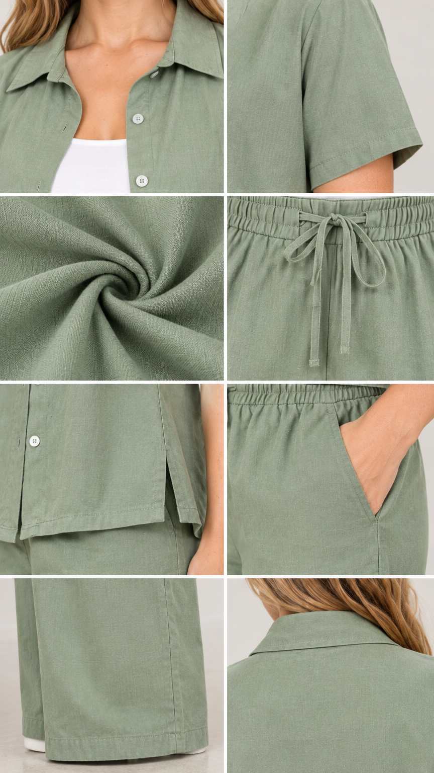 Detailed close-ups showing collar, fabric texture, drawstring waistband, side pockets, and hem slit
