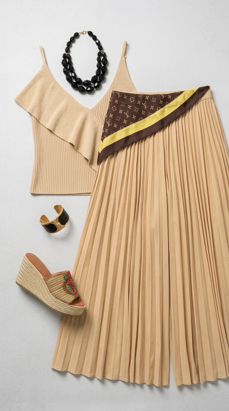 Flat lay view of beige ruffle camisole and pleated pants set styled with accessories