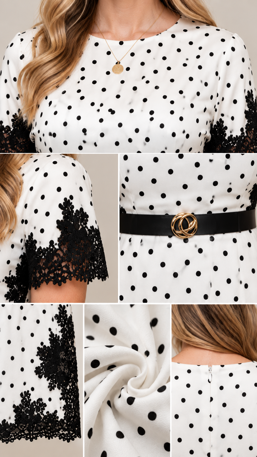 Detailed collage showing neckline, sleeve lace trim, belt buckle, and fabric texture