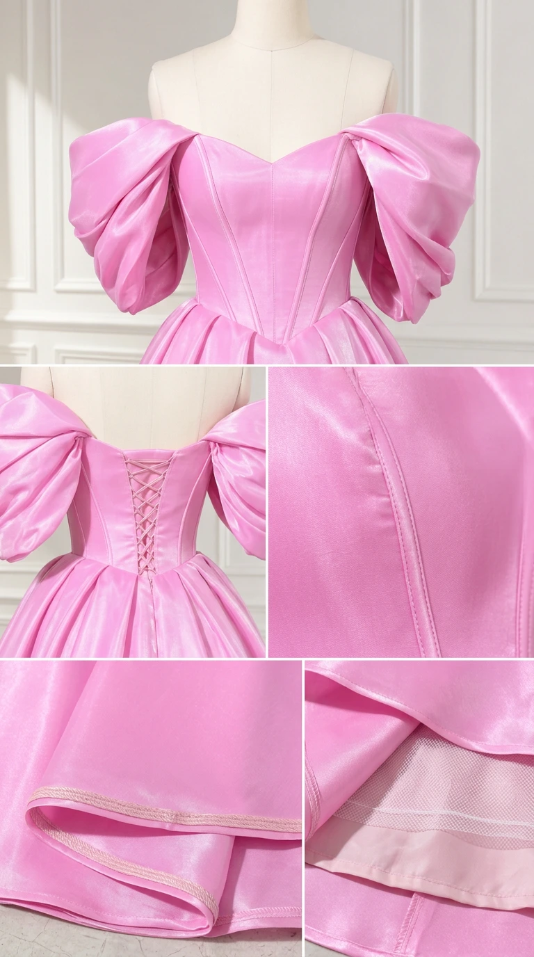 Detailed mannequin close-ups of pink corset bodice, puff sleeves, back lacing, and skirt hem