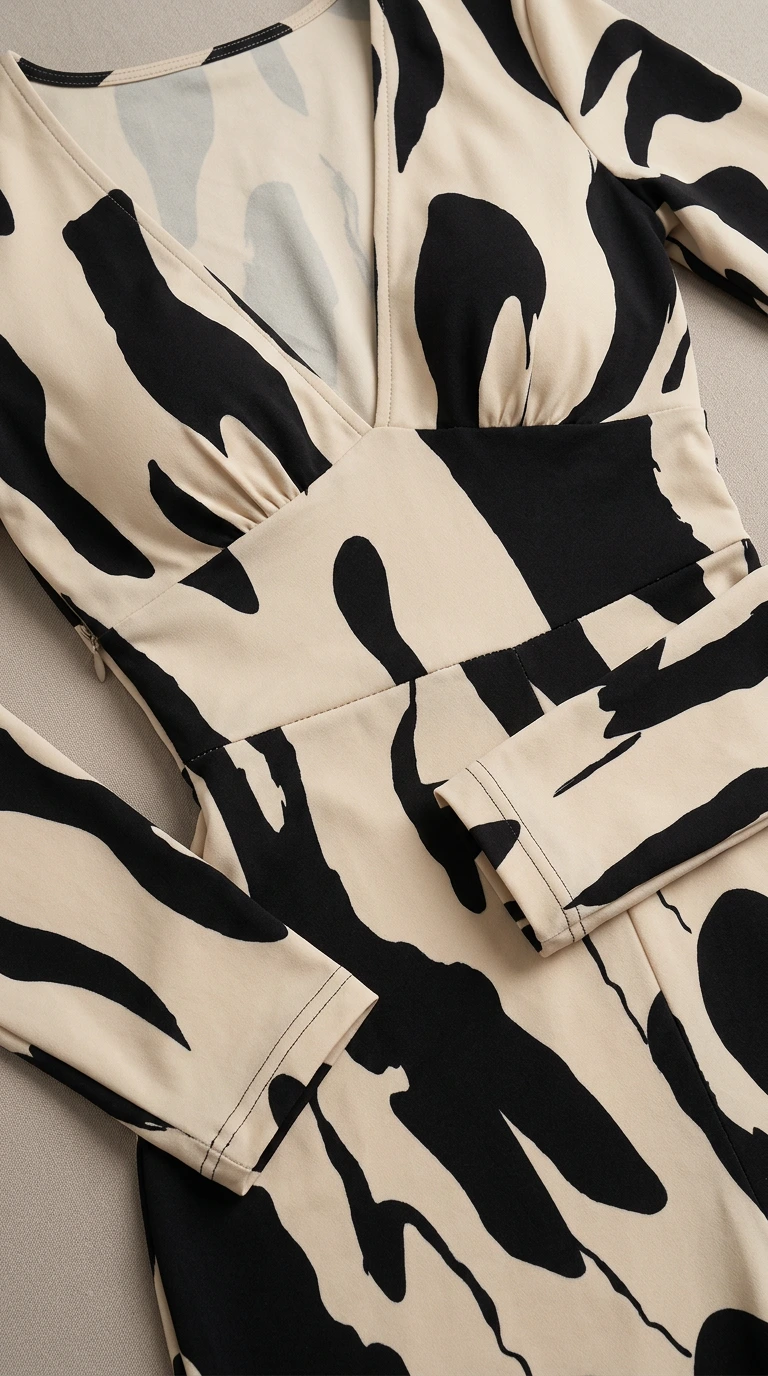 Bodice close-up of beige and black plunge V-neck jumpsuit with fitted waistband
