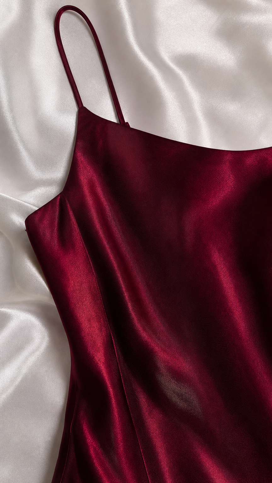 Close-up detail of burgundy satin fabric and spaghetti strap neckline