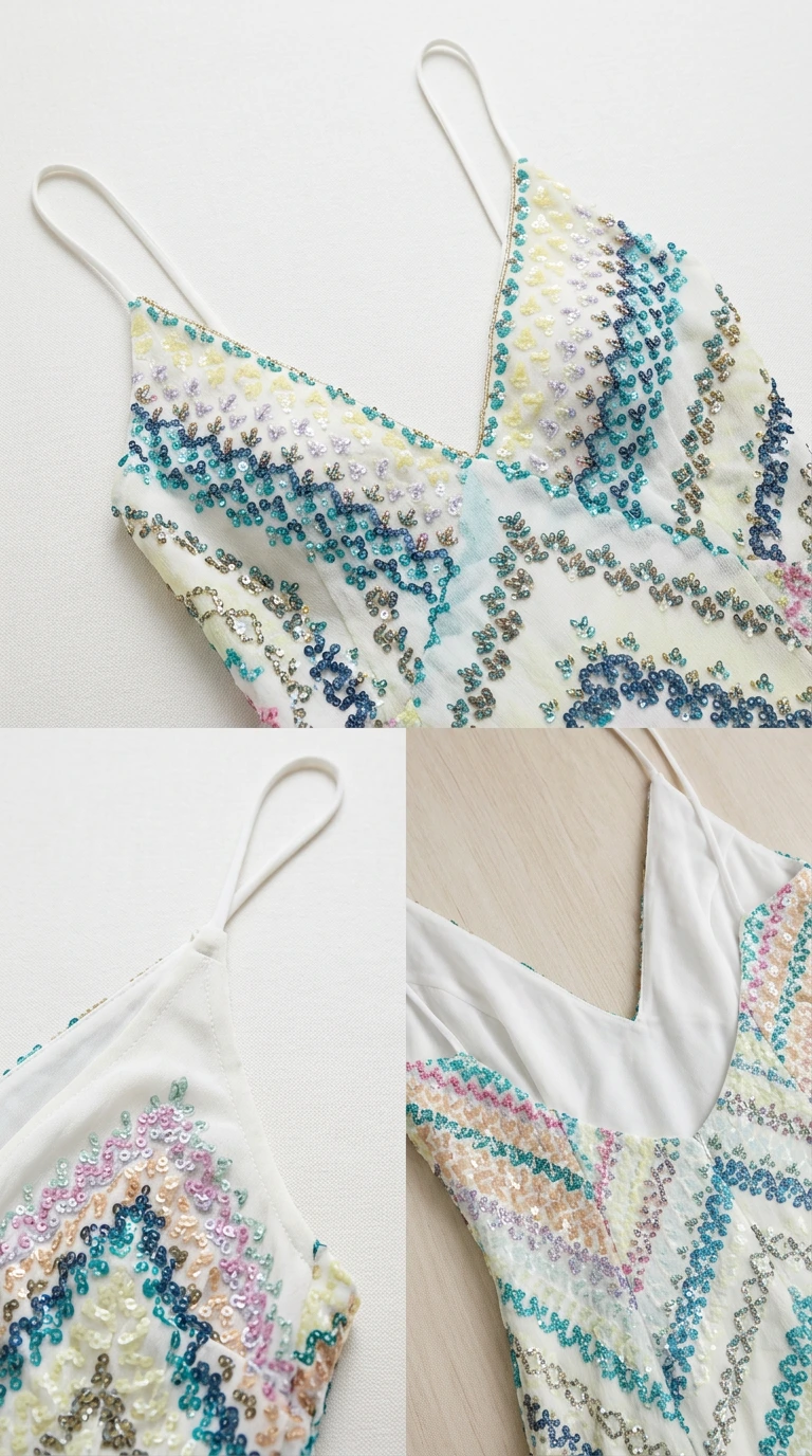 Close-up details of bodice, spaghetti straps, sequin pattern, and soft inner lining