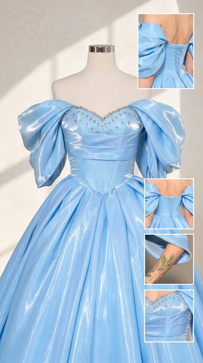 Mannequin display with close-up insets of bodice beading, corset lacing, and puff sleeve