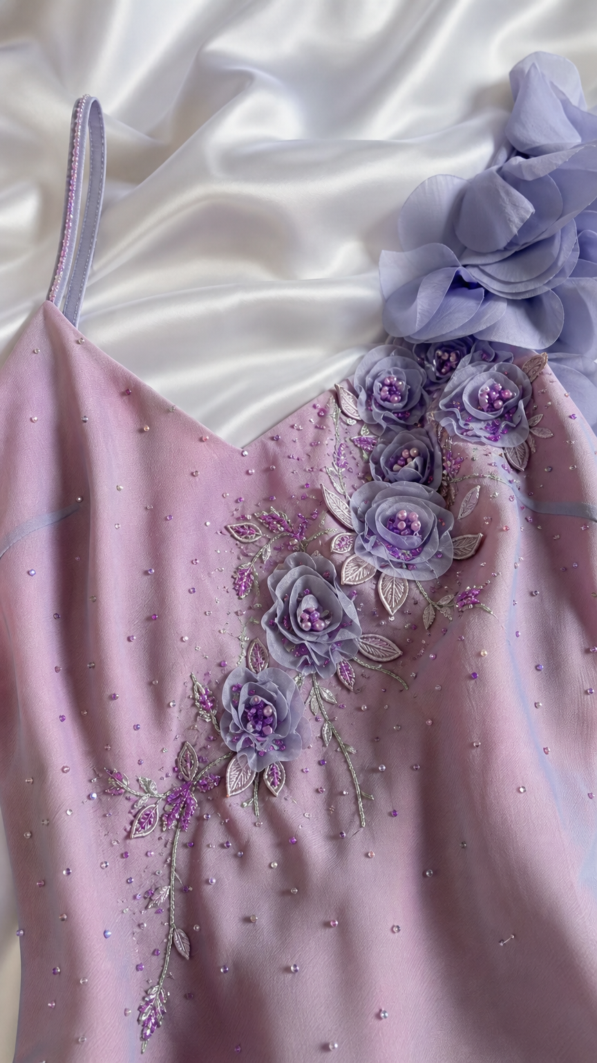 Close-up of beaded embroidery and 3D floral corsage on lavender bodice