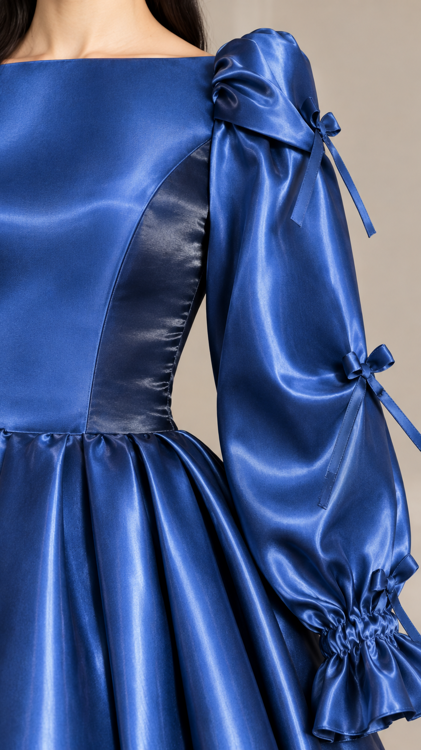 Close-up of royal blue satin dress bodice and puff sleeves with bow tie accents