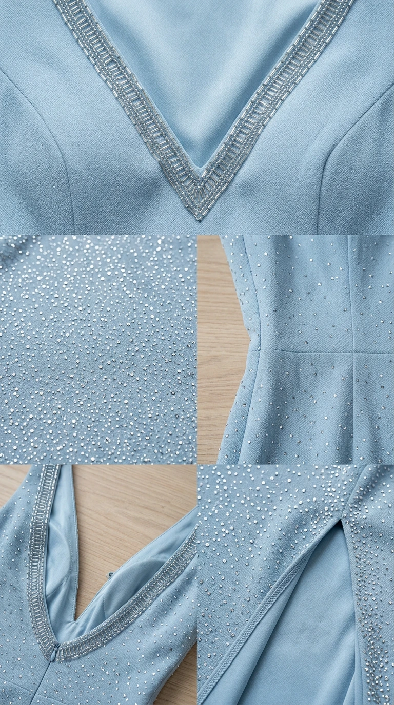 Close-up details of rhinestone beading, neckline trim, fabric texture, and slit seam