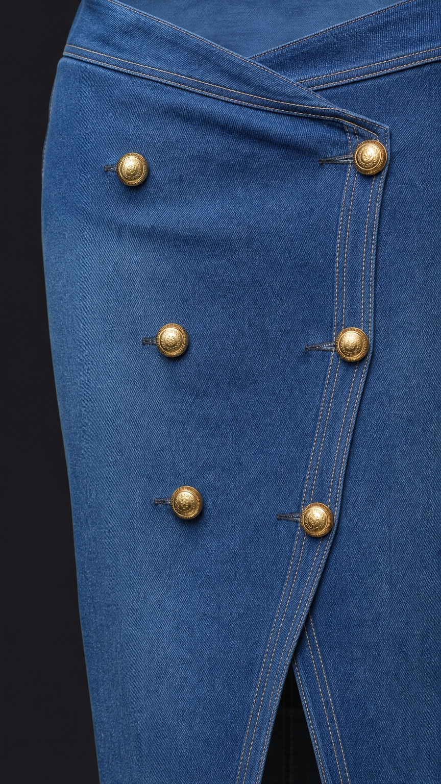Close-up of asymmetrical waistband and gold embossed buttons on denim skirt